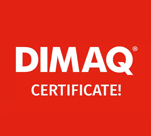 Logo for DIMAQ certificate on a solid red background